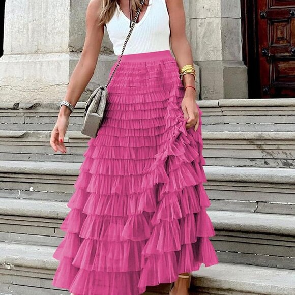 Women's Long Maxi Tulle Skirts A Line Ruffle High Waisted Tiered Layered Mesh Tu - Picture 4 of 7